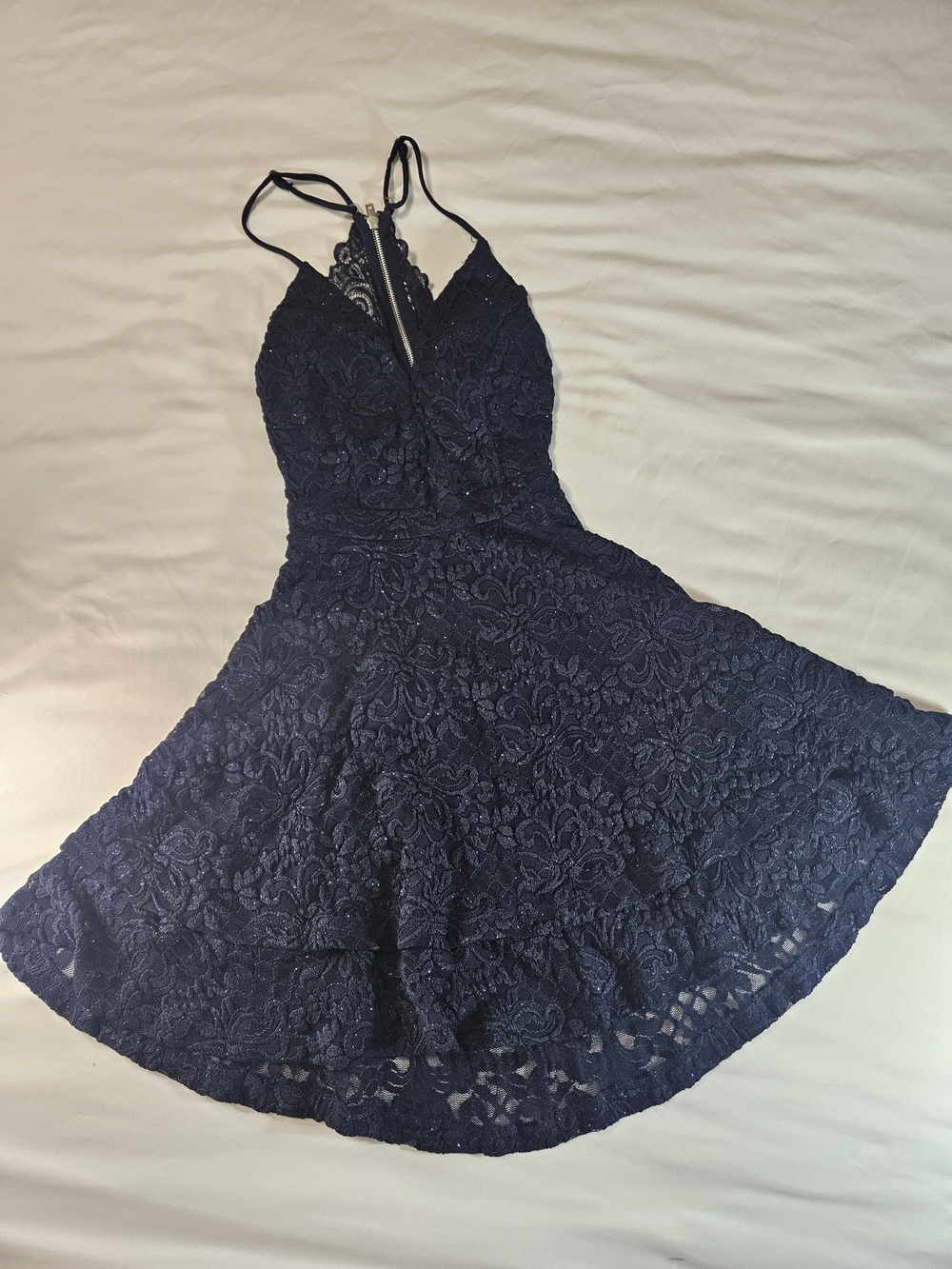 Honey and Rosie Navy Lace Mini Dress with Spaghetti Straps - M